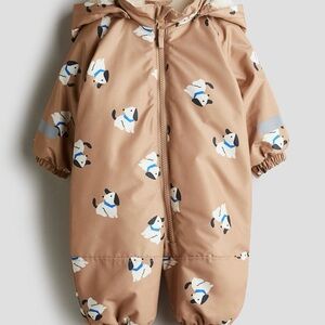 H&M Tan Puffer Snowsuit with White and Navy Dog Print with Matching Gloves